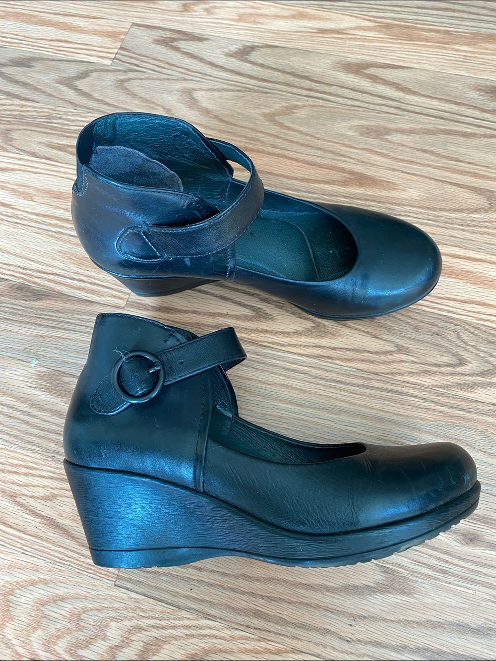 Dansko Black Leather Wedge Mary Jane with Ankle Strap-39 Non-Slip Office